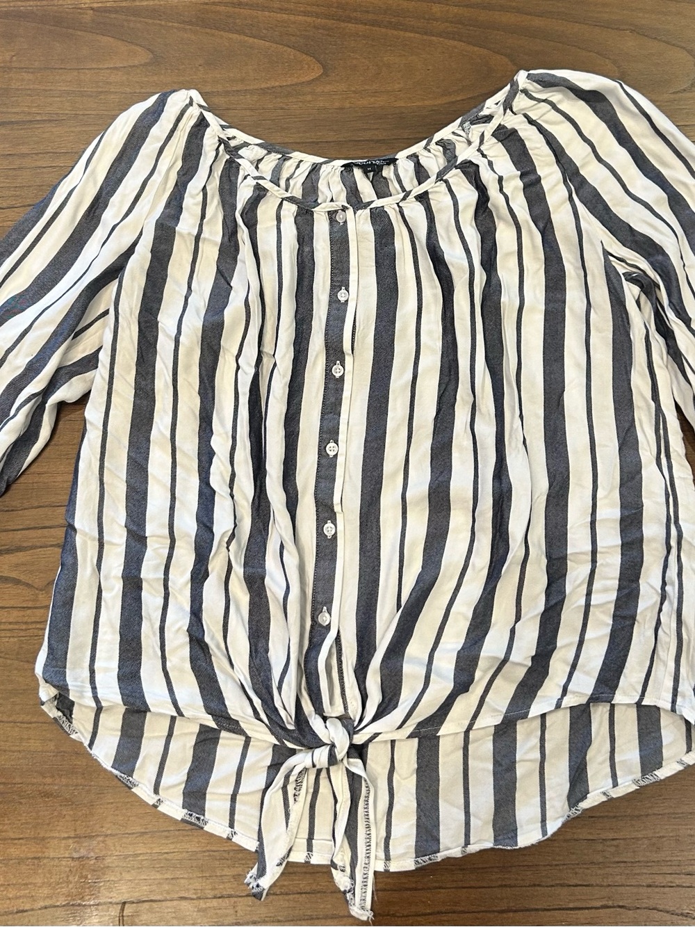 George Navy & White Striped Button-Front Tie-Hem Blouse